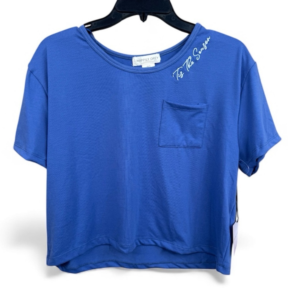 Happily Grey Blue T-Shirt Size S Embroidered Tis the Season Crop Short Sleeves
